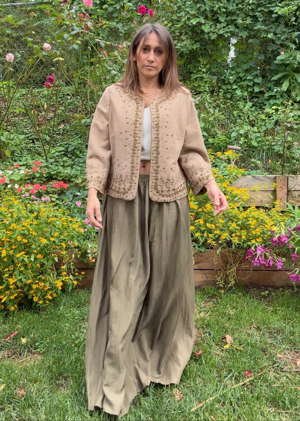 Embellished Neutral Wool Jacket – Beaded 90s Statement