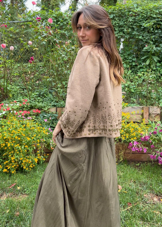 Embellished Neutral Wool Jacket – Beaded 90s Statement