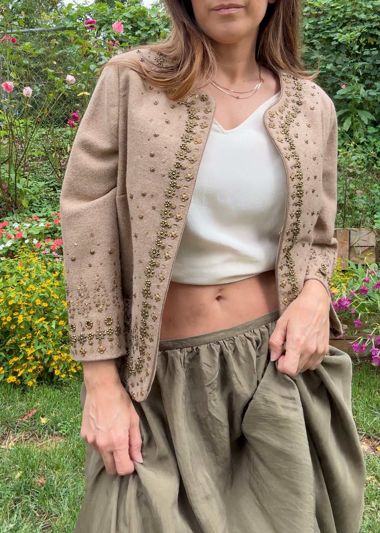 Embellished Neutral Wool Jacket – Beaded 90s Statement