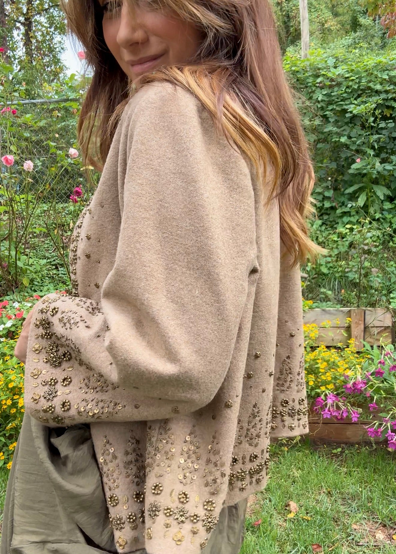 Embellished Neutral Wool Jacket – Beaded 90s Statement