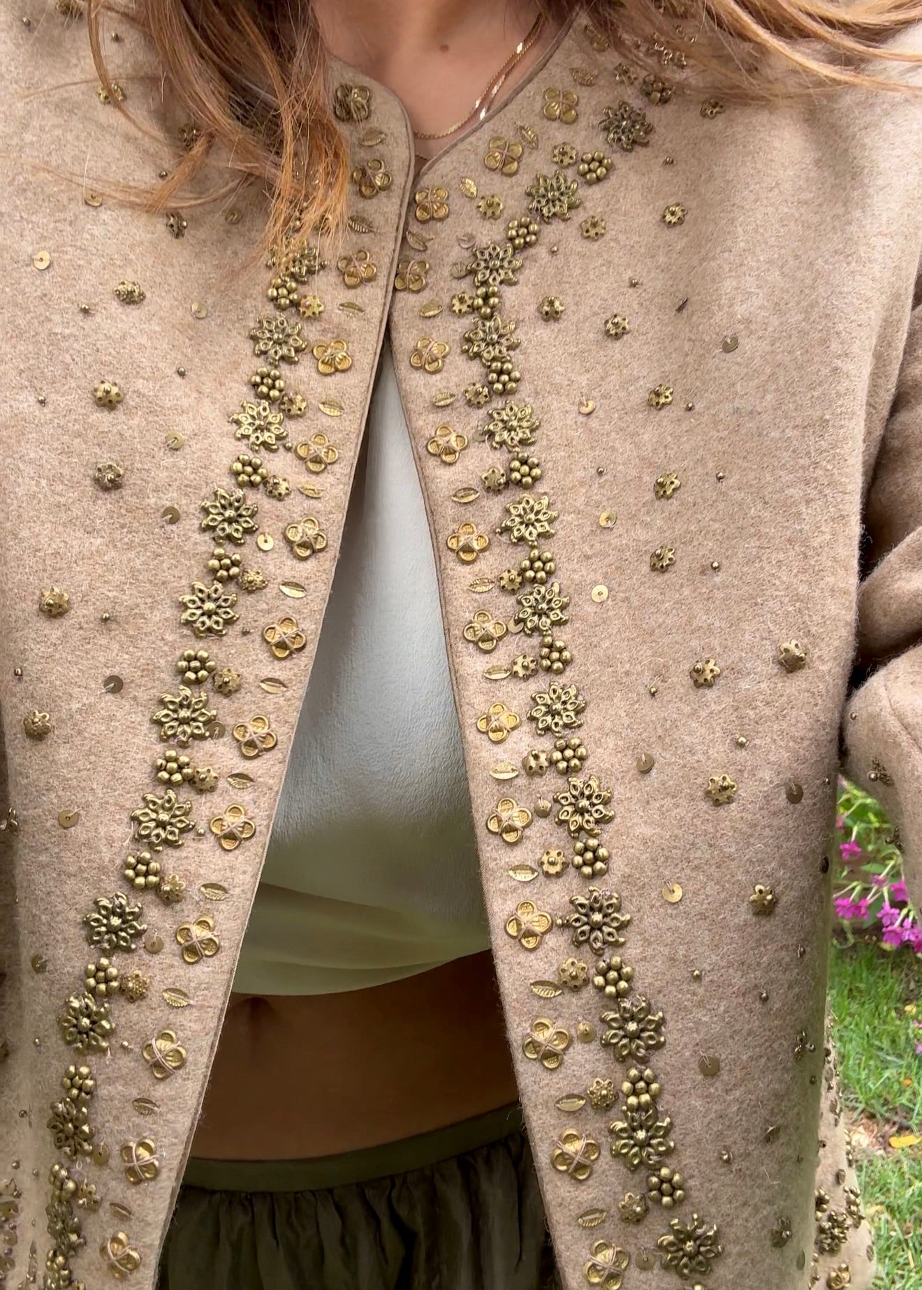 Embellished Neutral Wool Jacket – Beaded 90s Statement