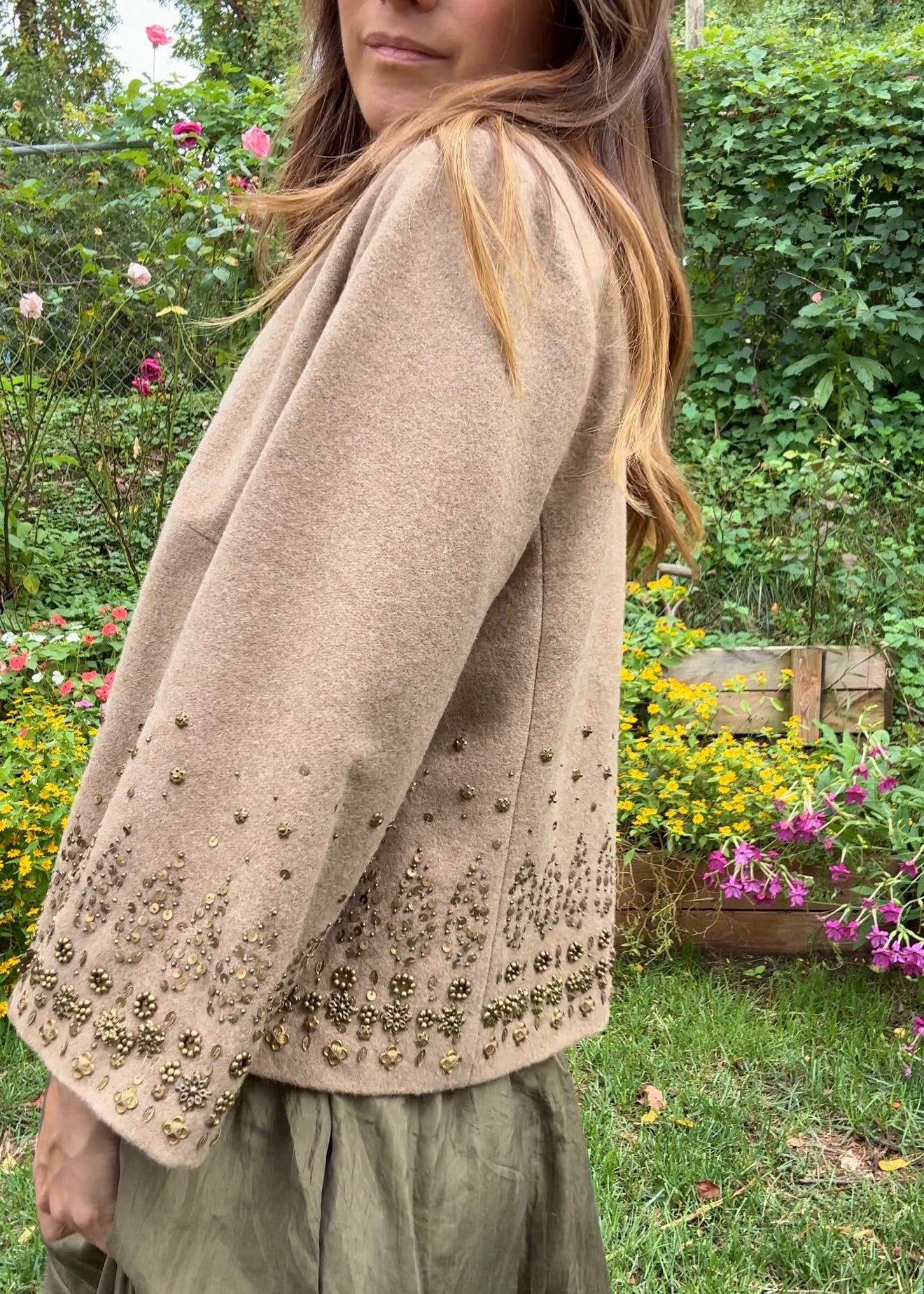 Embellished Neutral Wool Jacket – Beaded 90s Statement