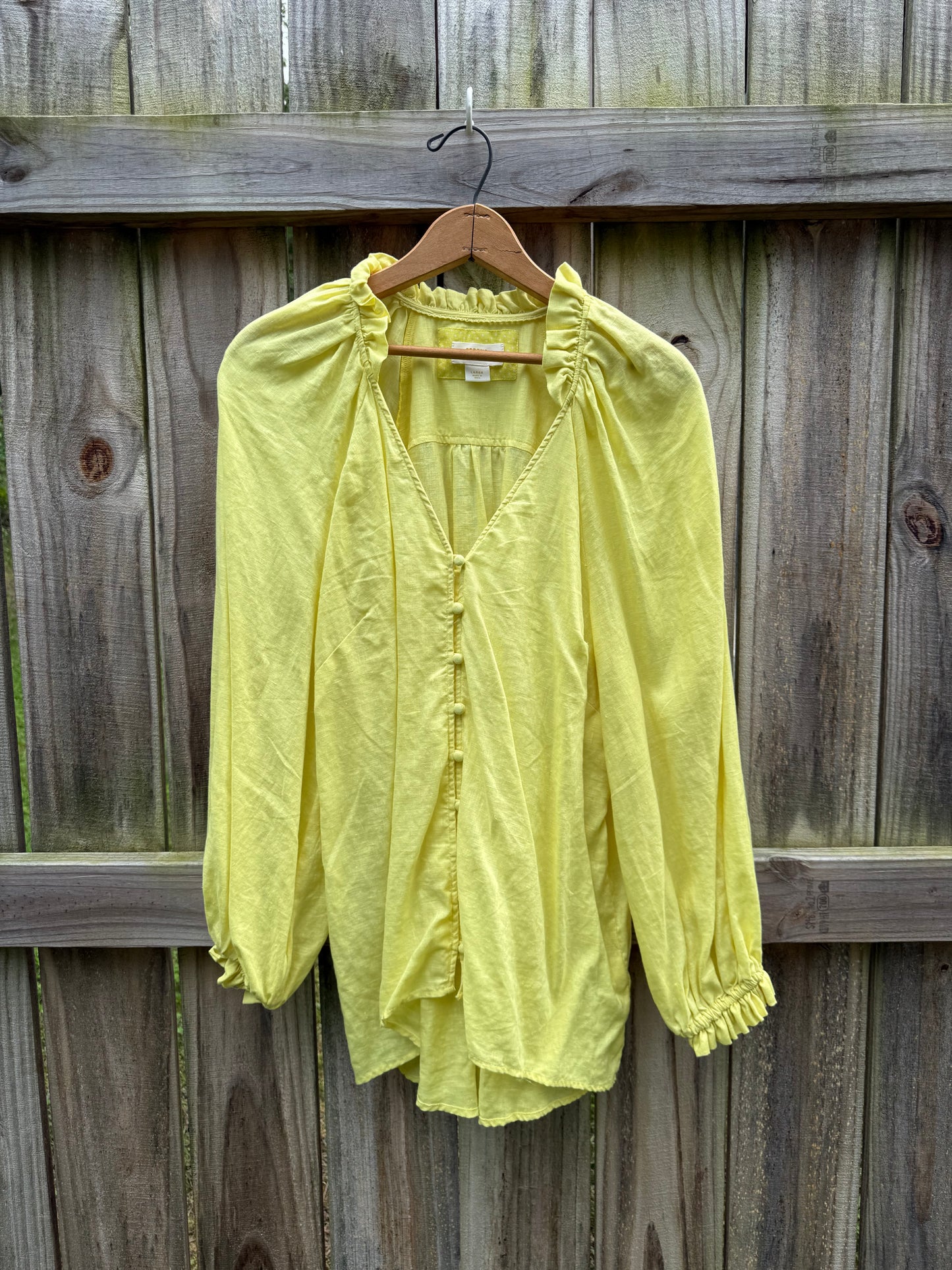 Maeve Anthropologie Linen Peasant Blouse | Linen Puff Sleeve Top | Citron Yellow Statement Blouse