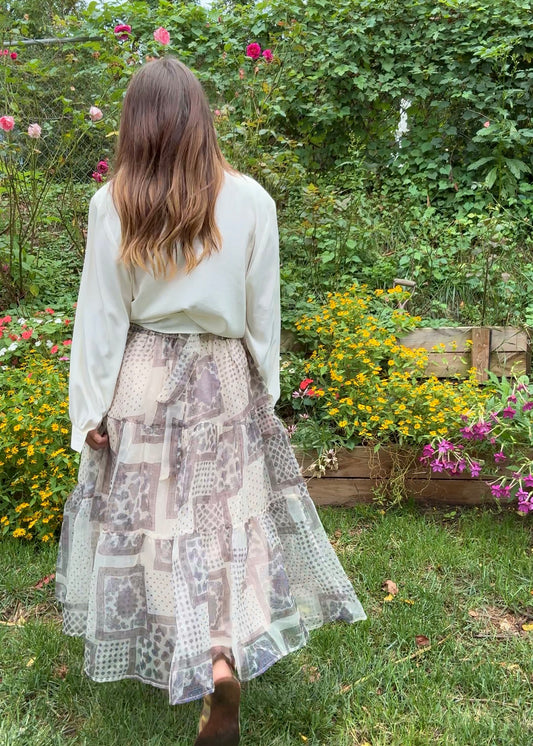 Sheer Patchwork Print Midi Skirt – Neutral Mix