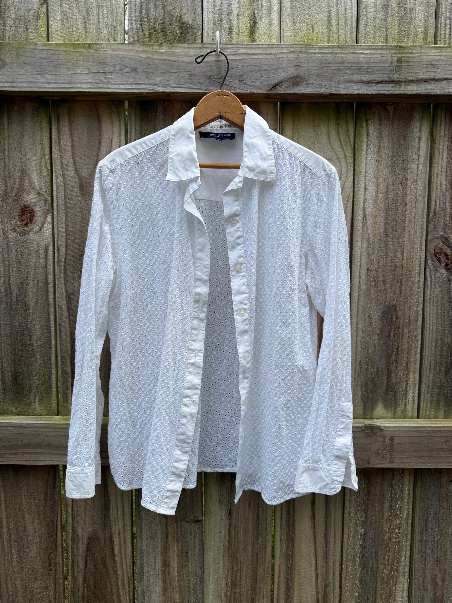 Jones New York Eyelet Button Down Shirt | White Eyelet Cotton Blouse | Embroidered Summer Shirt