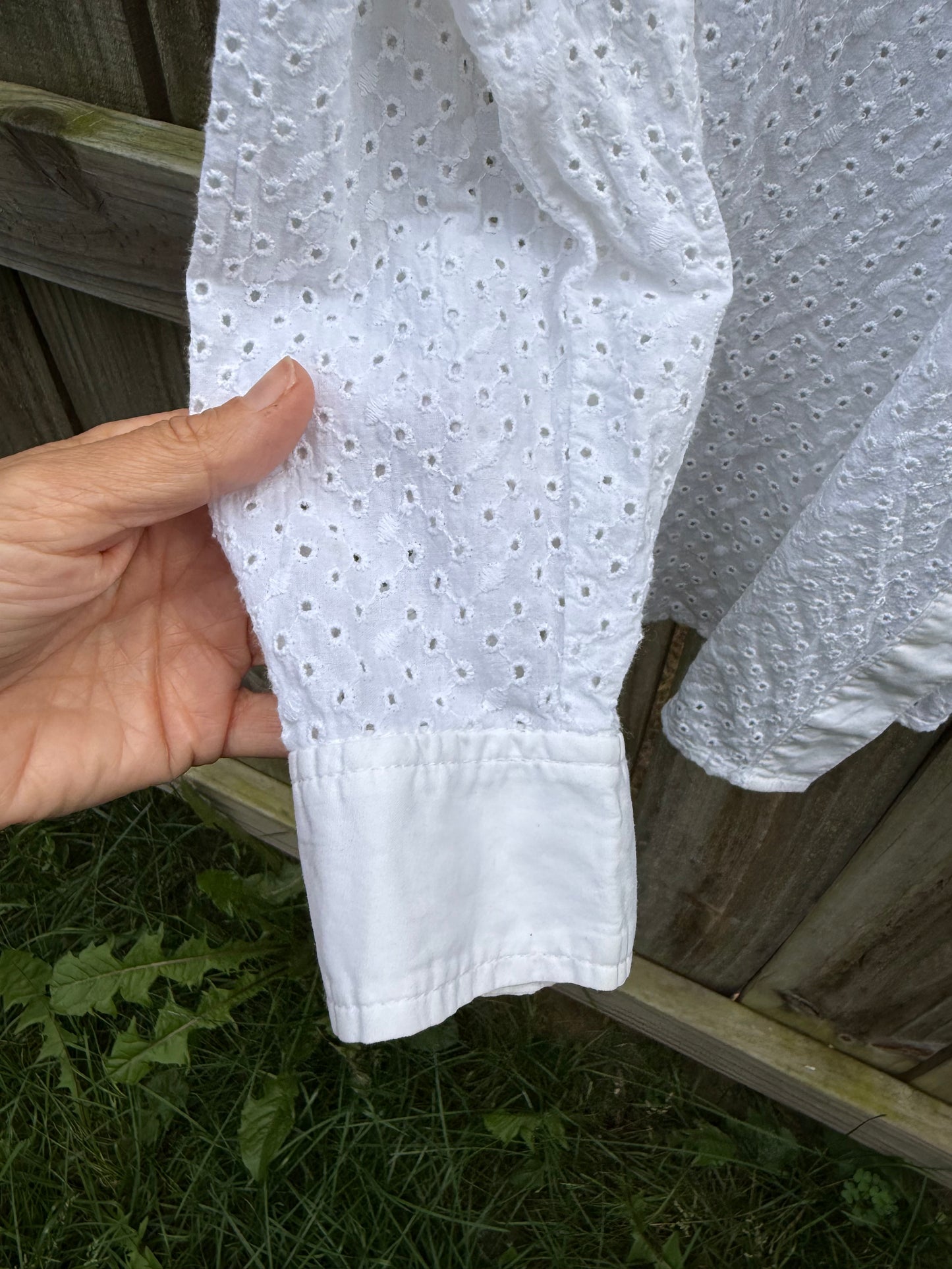Jones New York Eyelet Button Down Shirt | White Eyelet Cotton Blouse | Embroidered Summer Shirt