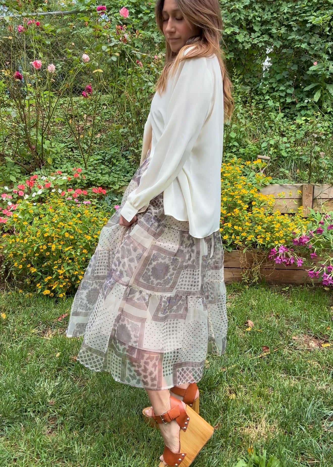 Sheer Patchwork Print Midi Skirt – Neutral Mix