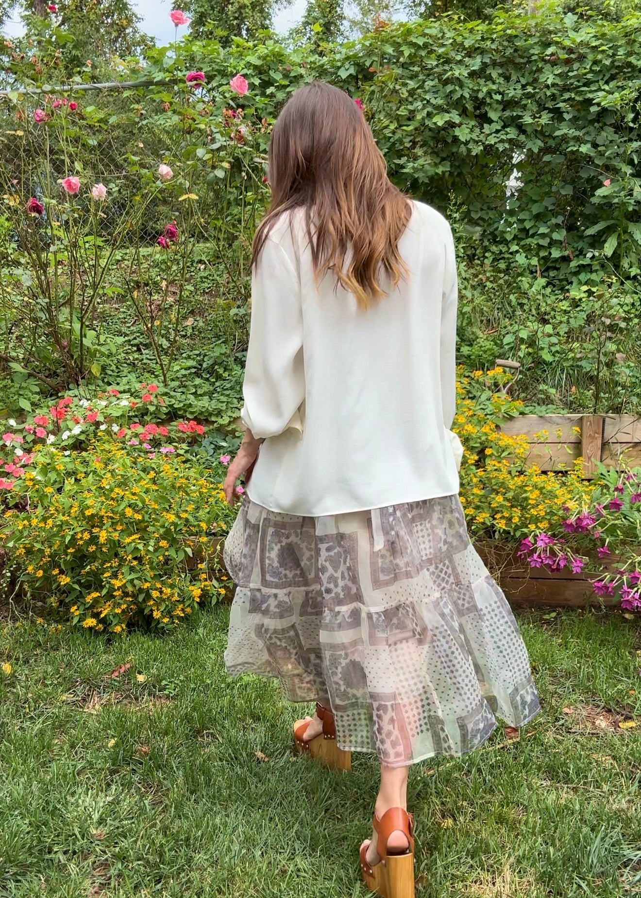 Sheer Patchwork Print Midi Skirt – Neutral Mix