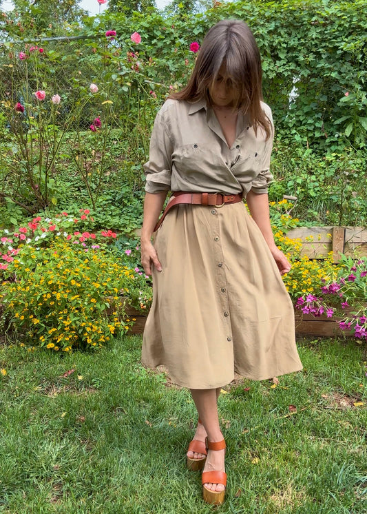 90s True Vintage Silk Button Front Skirt – Neutral Taupe