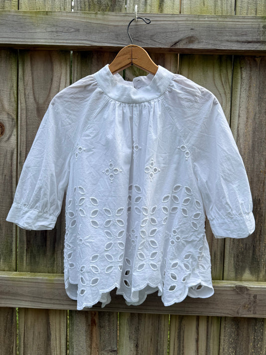 Saylor White Eyelet High Neck Blouse | Cotton Cutwork Top