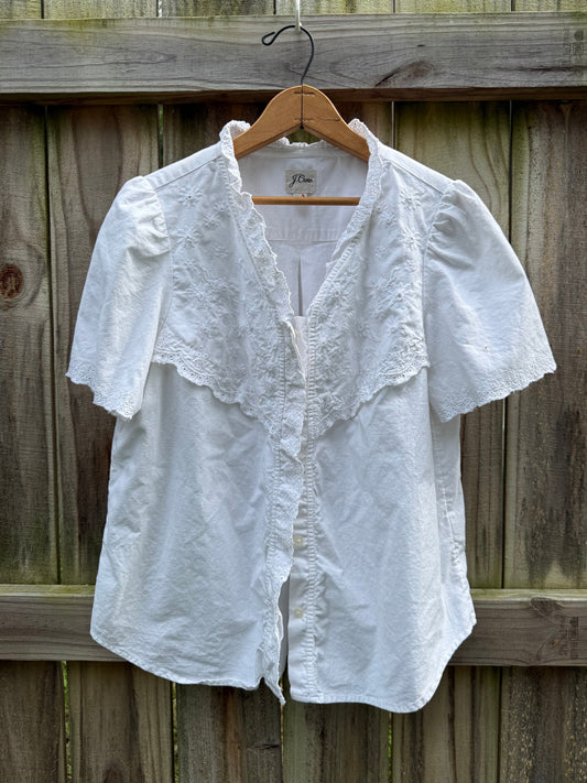 J.Crew White Embroidered Collar Blouse | Linen Blend Eyelet Top | Cottagecore Summer Top