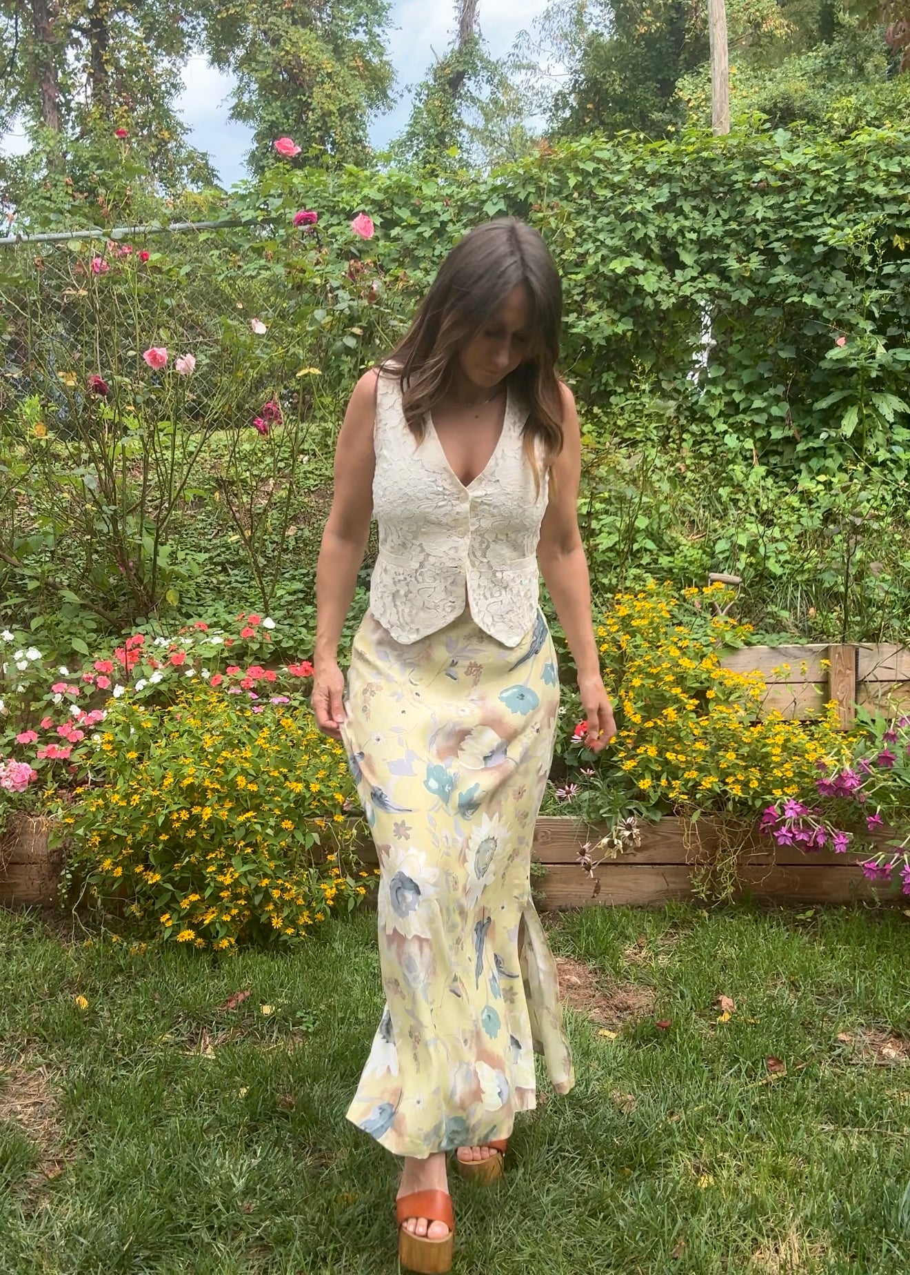 90s Vintage Pastel yellow Floral Slip Skirt