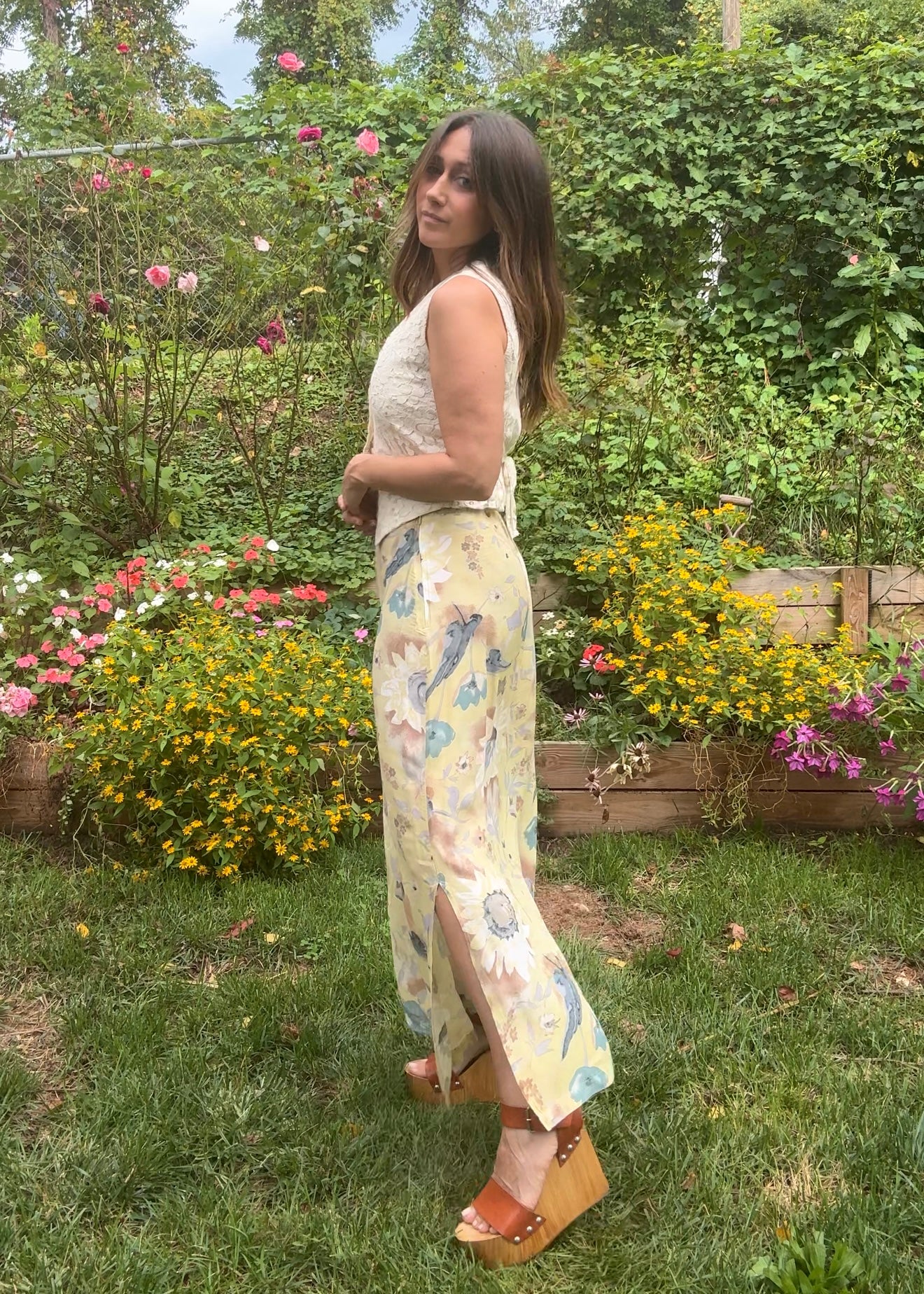90s Vintage Pastel yellow Floral Slip Skirt