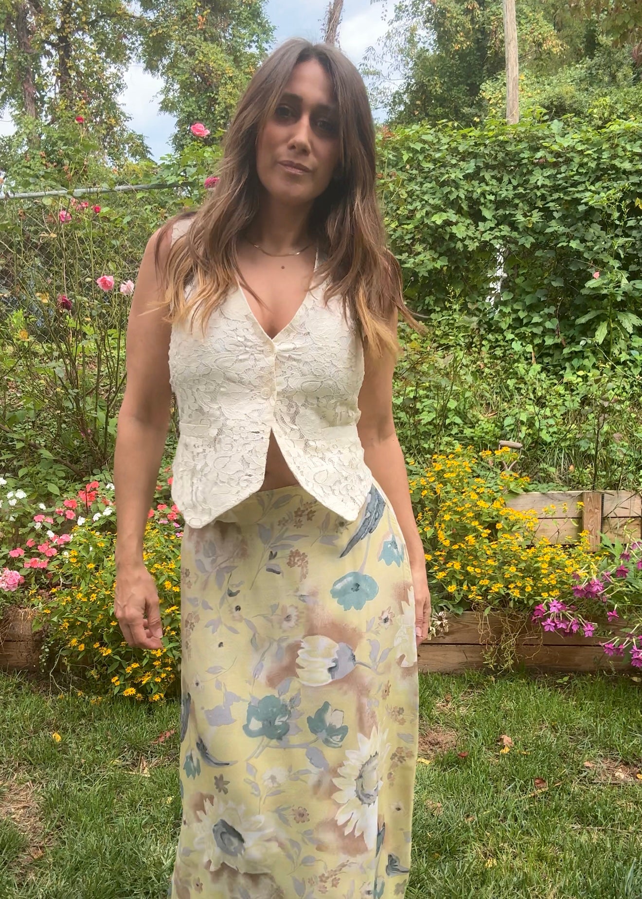 90s Vintage Pastel yellow Floral Slip Skirt