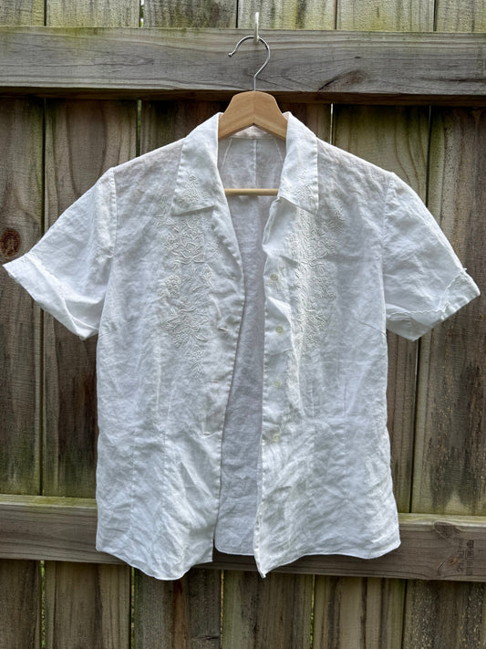 Vintage White Linen Embroidered Blouse