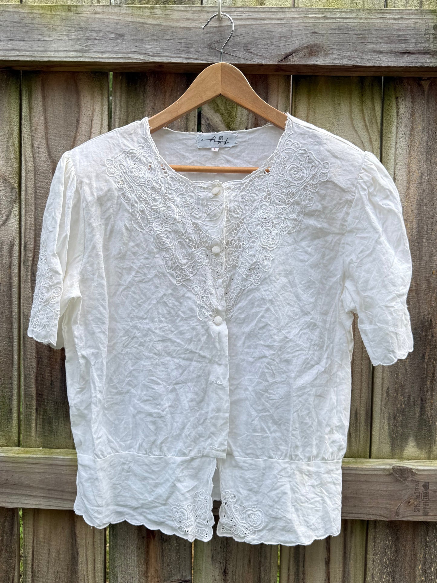 Vintage White Embroidered Linen Blouse - Top