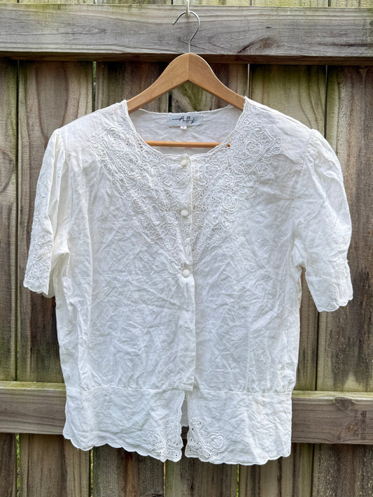 Vintage White Embroidered Linen Blouse - Top