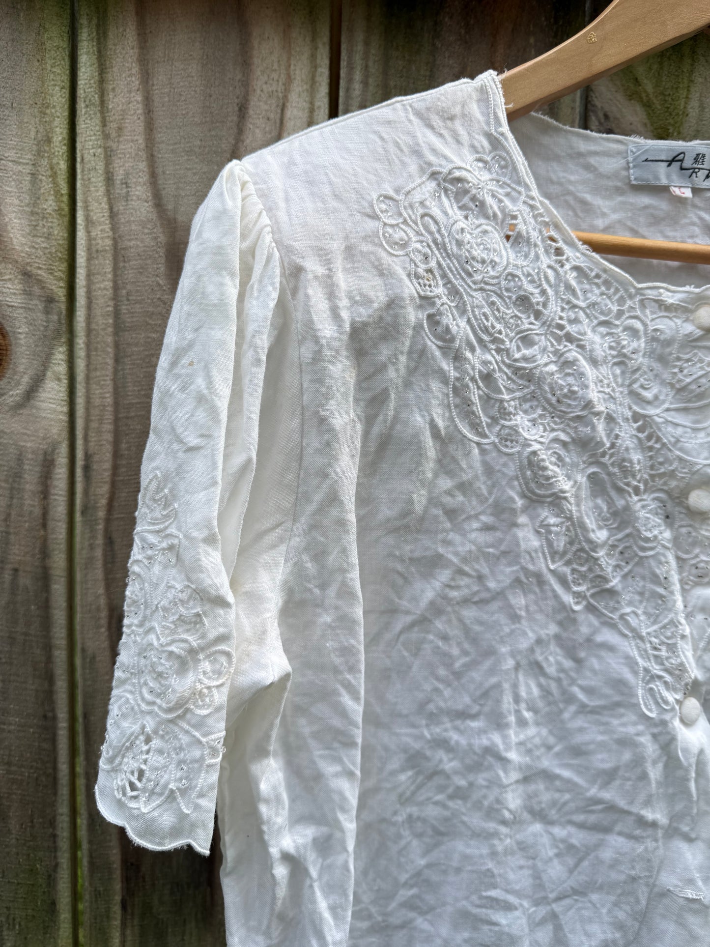 Vintage White Embroidered Linen Blouse - Top