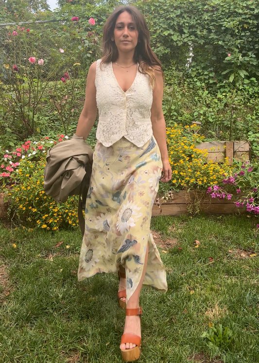 90s Vintage Pastel yellow Floral Slip Skirt
