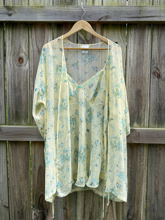 Vintage Secret Treasures Butter Yellow Floral Chiffon Slip &amp; Robe Set | Cottagecore Lingerie | Coquette Sleepwear | Butter Yellow Blue Floral