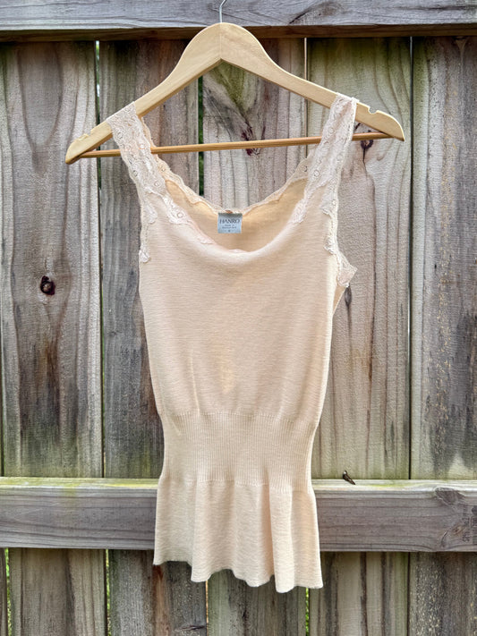 Vintage Hanro Switzerland Lace Trim Knit Tank | Swiss Luxury Lingerie | Balletcore | Quiet Luxury