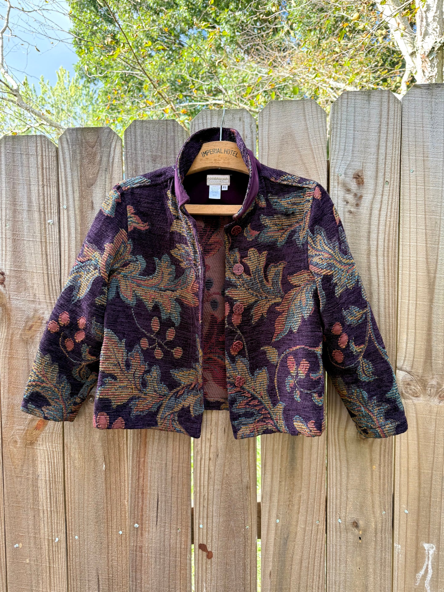 Tapestry Blanket Jacket — Plum + Olive Weave