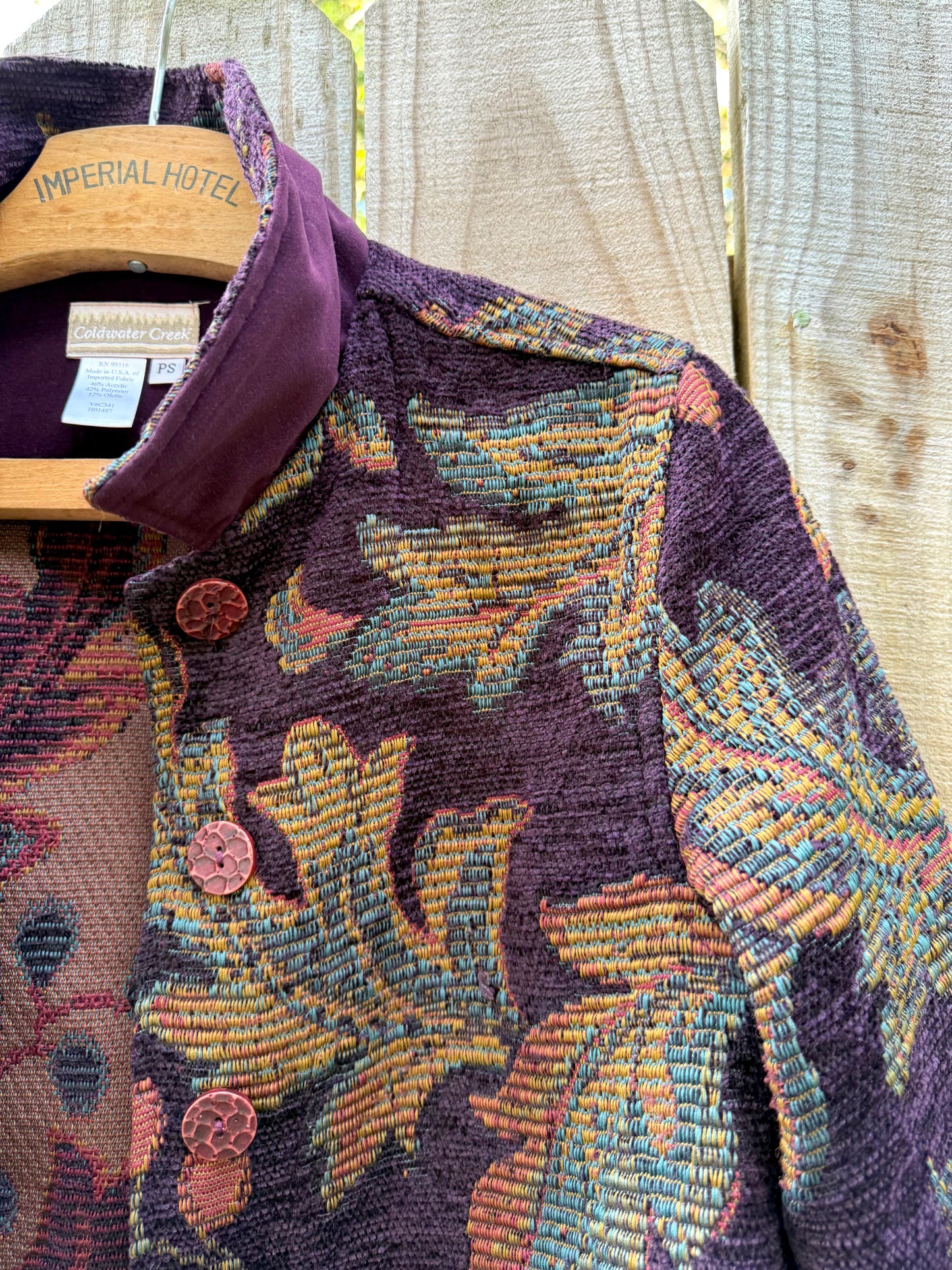 Tapestry Blanket Jacket — Plum + Olive Weave