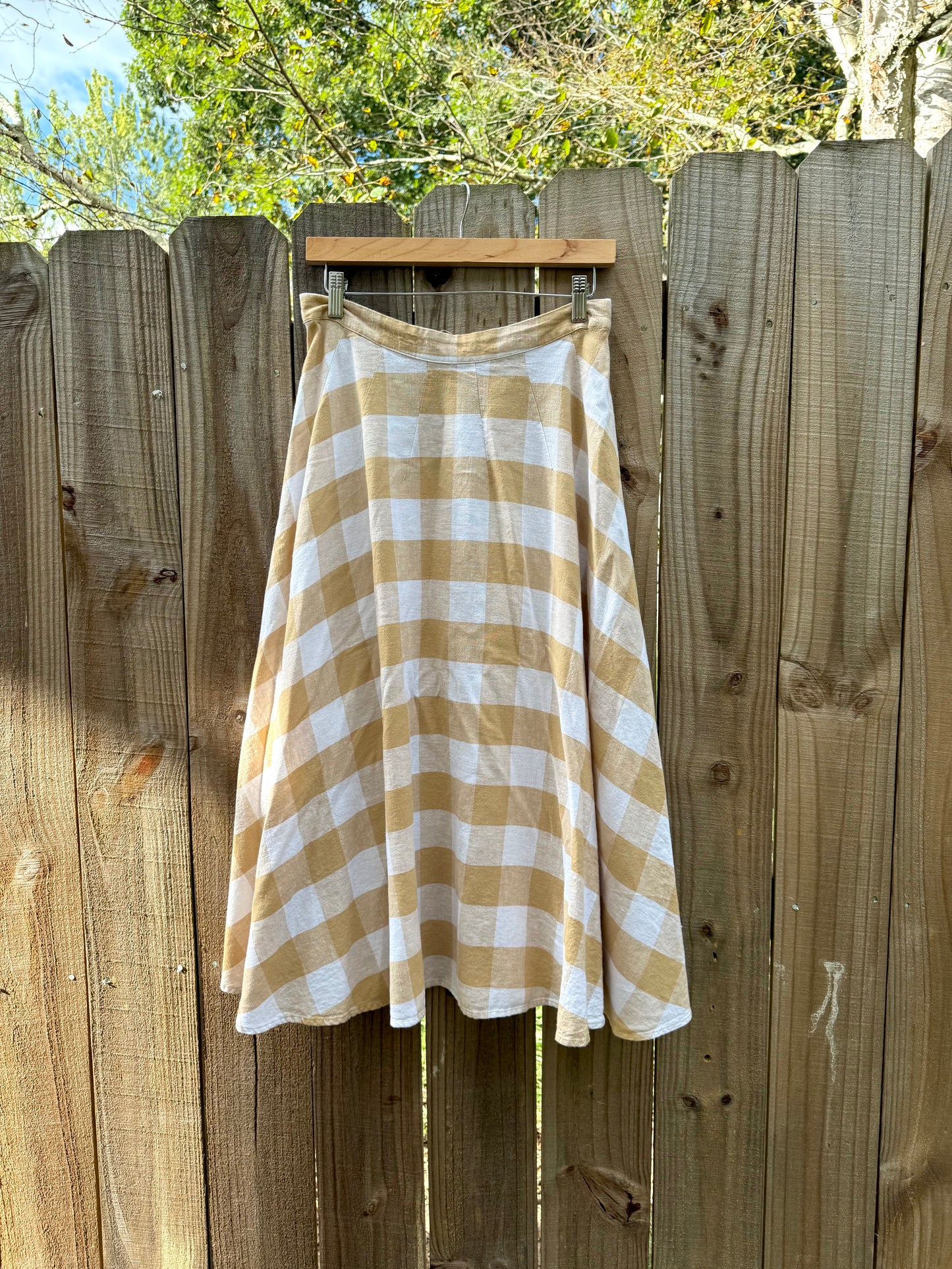 Beige Linen Gingham Midi Skirt – Linen Blend Check Skirt