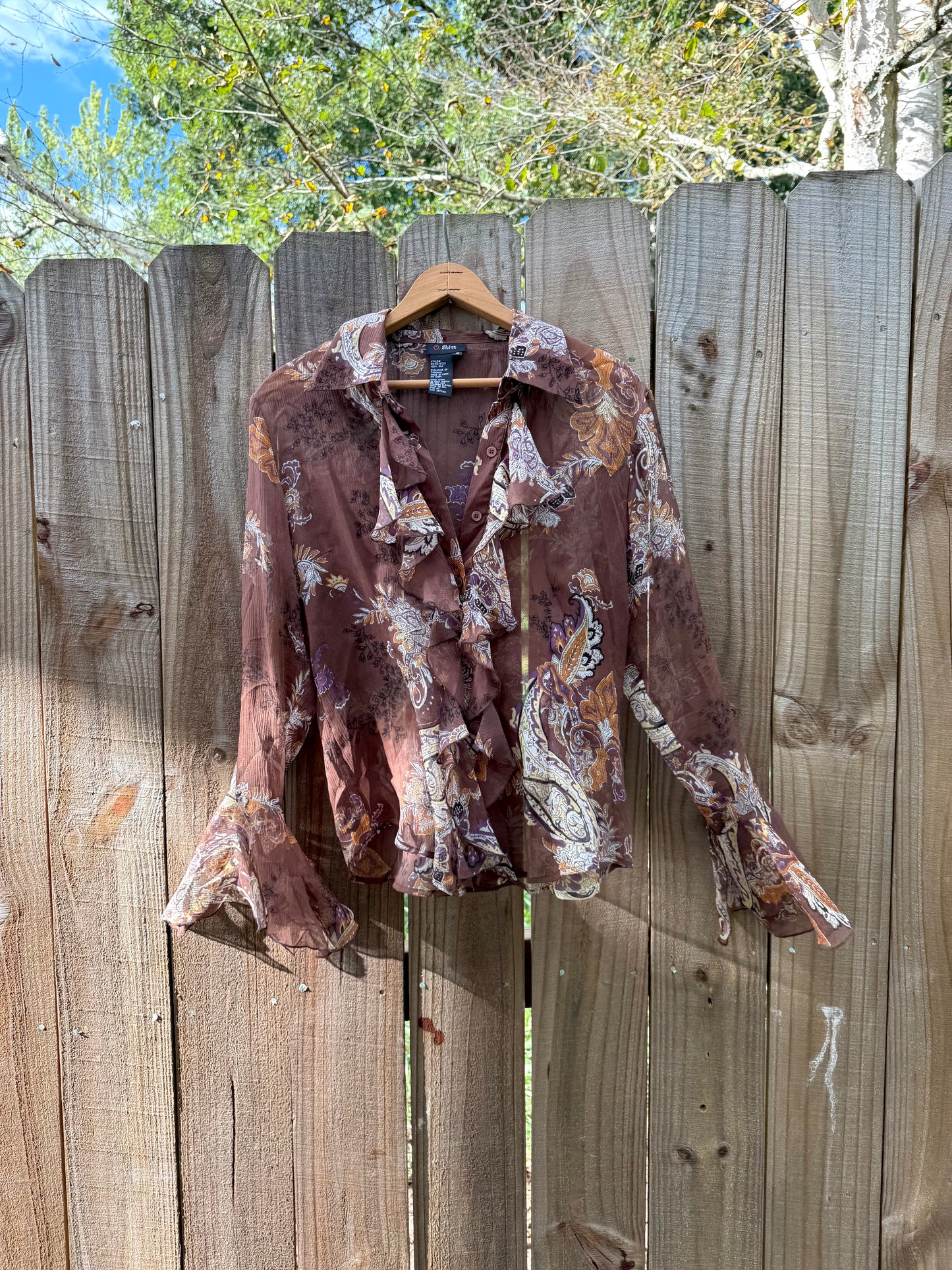 Sheer Silk Ruffle Blouse – 70s Revival Paisley Print