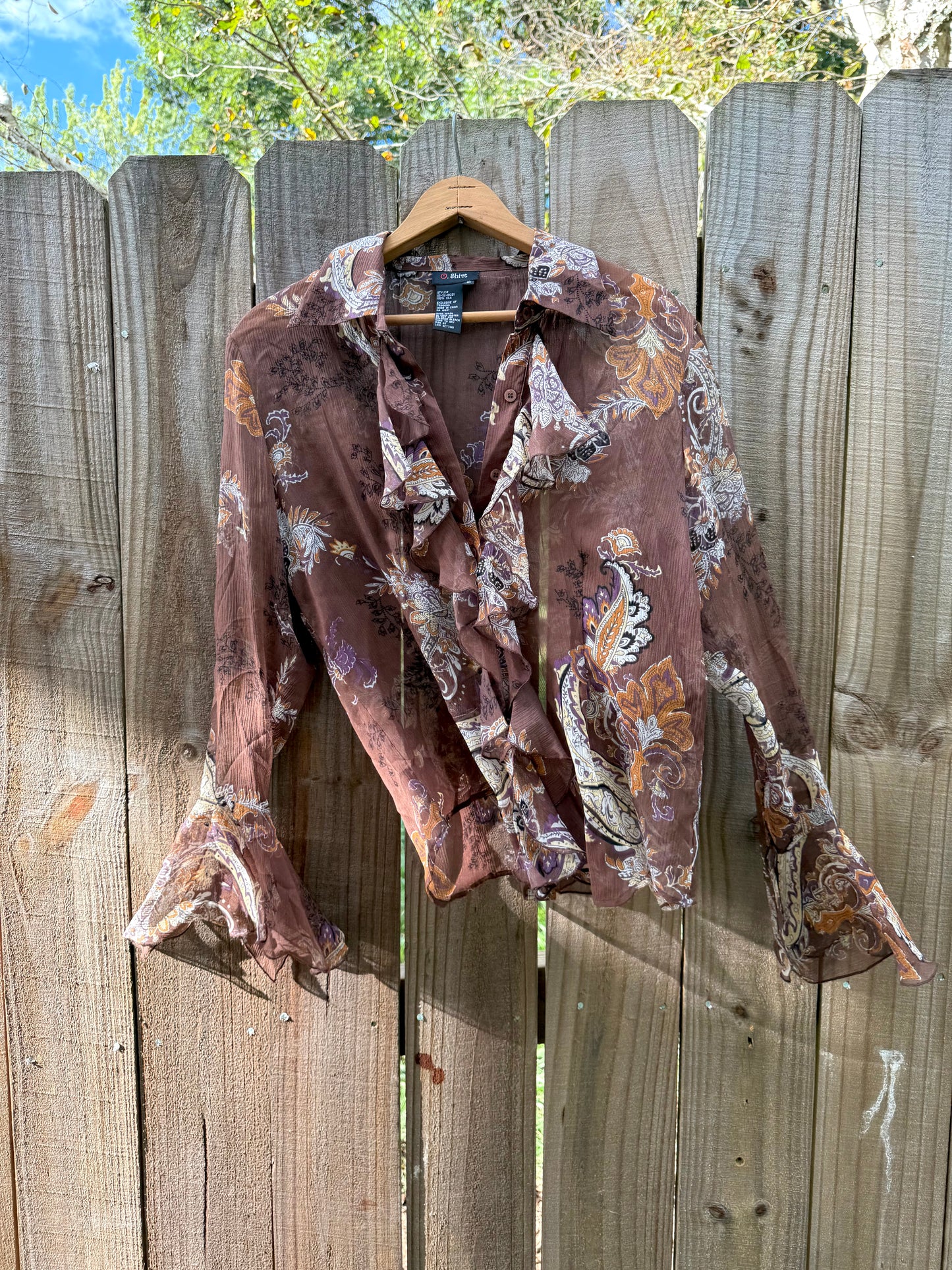 Sheer Silk Ruffle Blouse – 70s Revival Paisley Print