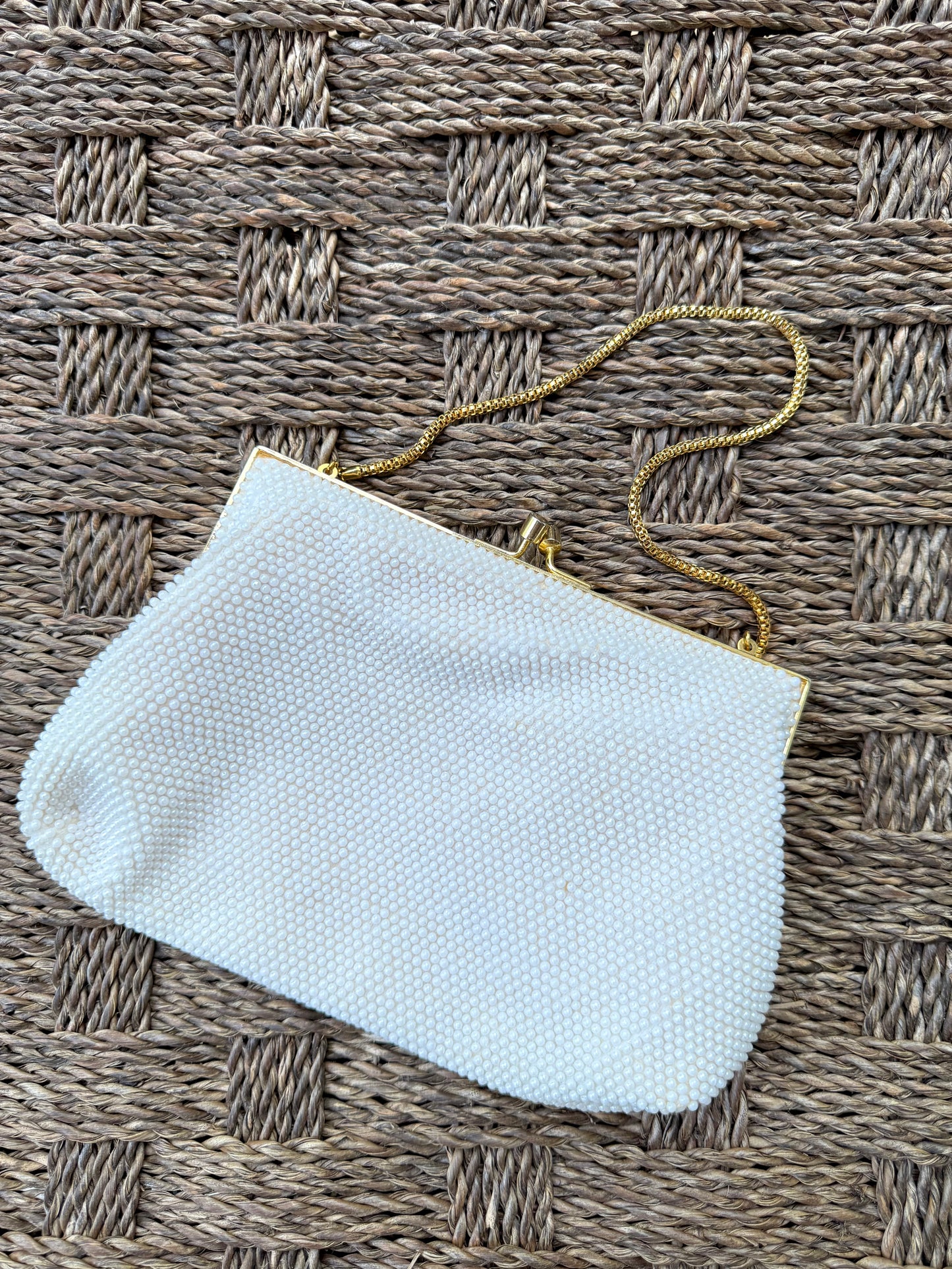 Y2K White Beaded Evening Bag with Gold Chain