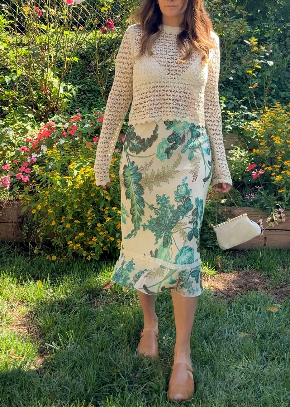 Vintage 90s Floral Slip Skirt with Lace Trim Y2K