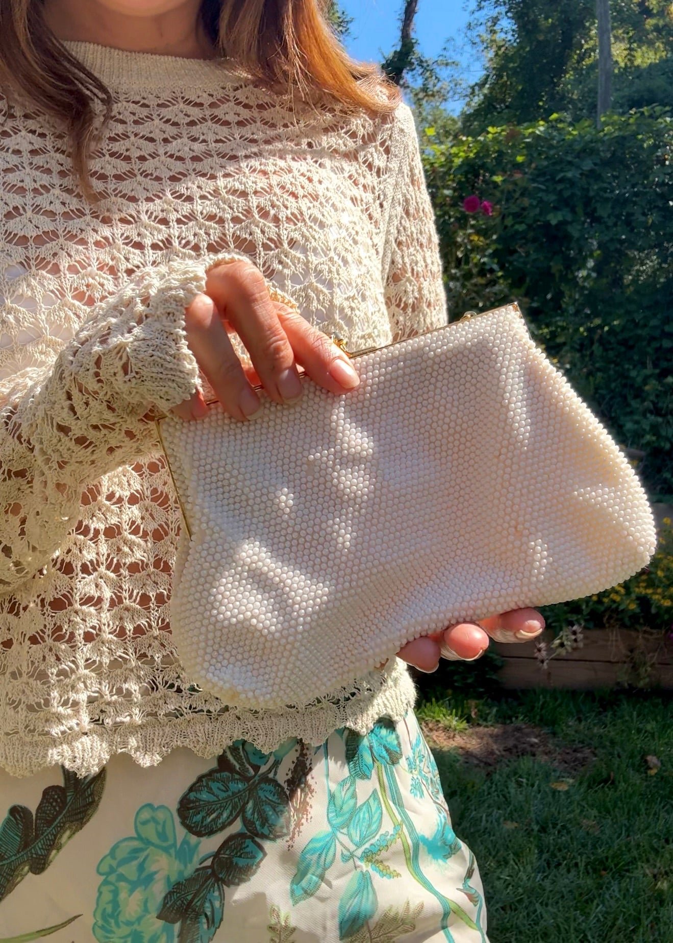 Y2K White Beaded Evening Bag with Gold Chain