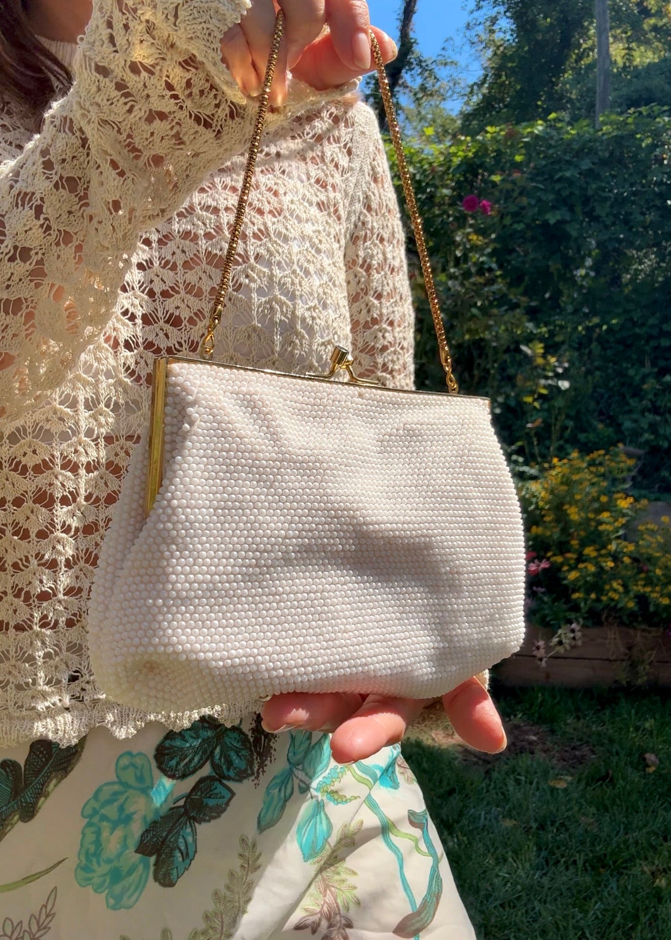 Y2K White Beaded Evening Bag with Gold Chain