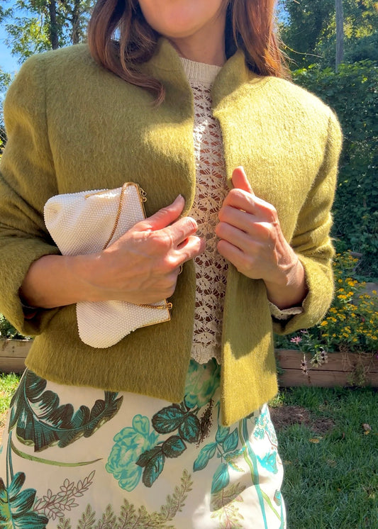 Vintage Elliott Lauren Wool Mohair Cropped Jacket – Olive-Moss Green Minimalist 90s Style