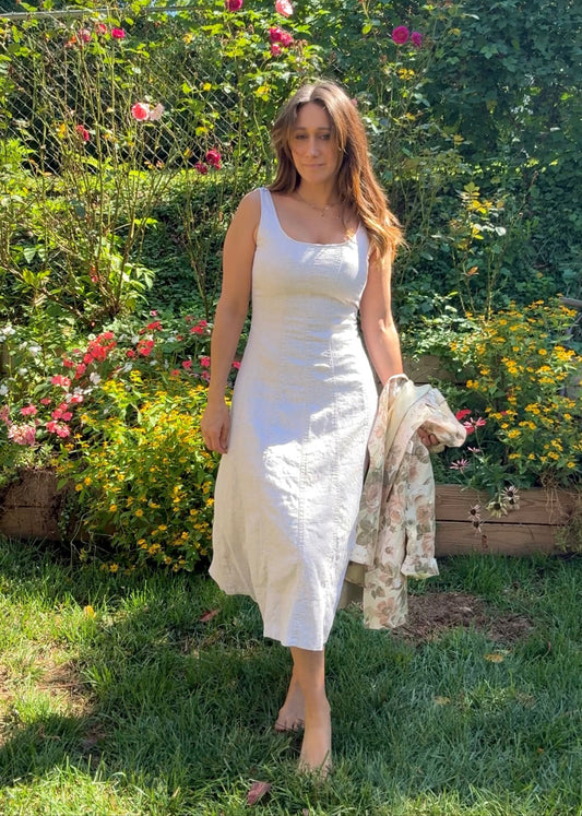 Linen Blend Midi Dress – Neutral 90s Minimalist Style