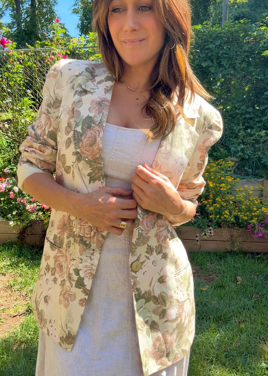 Vintage 80s Oversized Floral Blazer Jacket – Rose Print Tailored Statement Layer