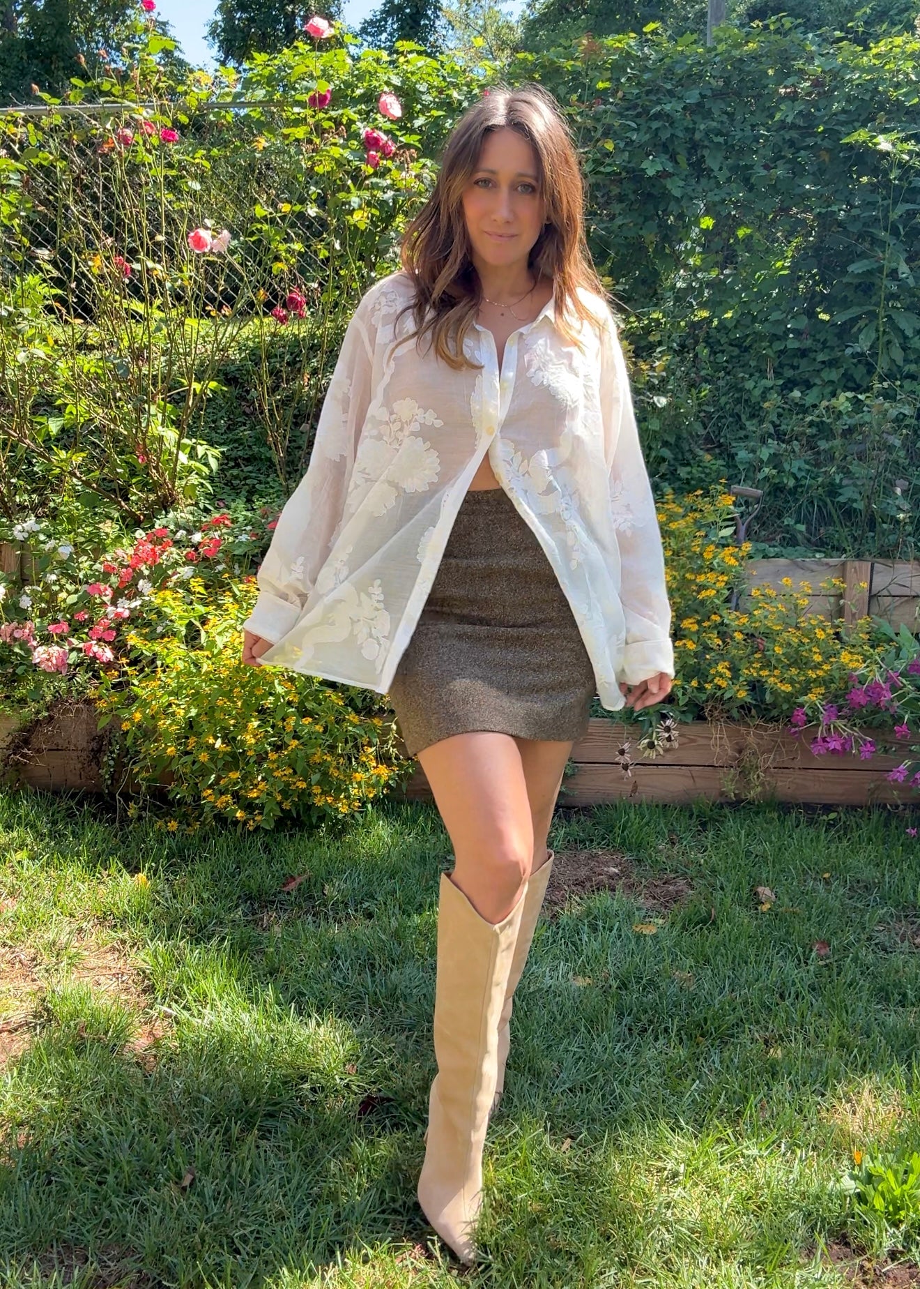 Sheer Burnout White Floral Button-Down