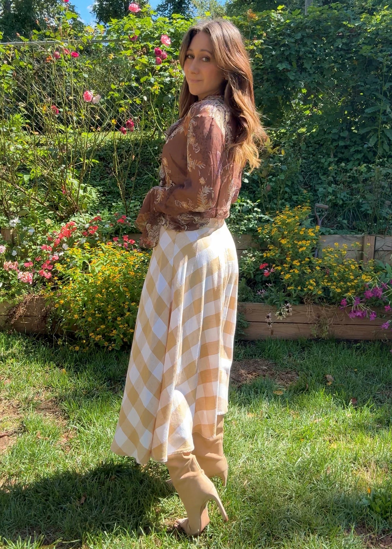 Beige Linen Gingham Midi Skirt – Linen Blend Check Skirt