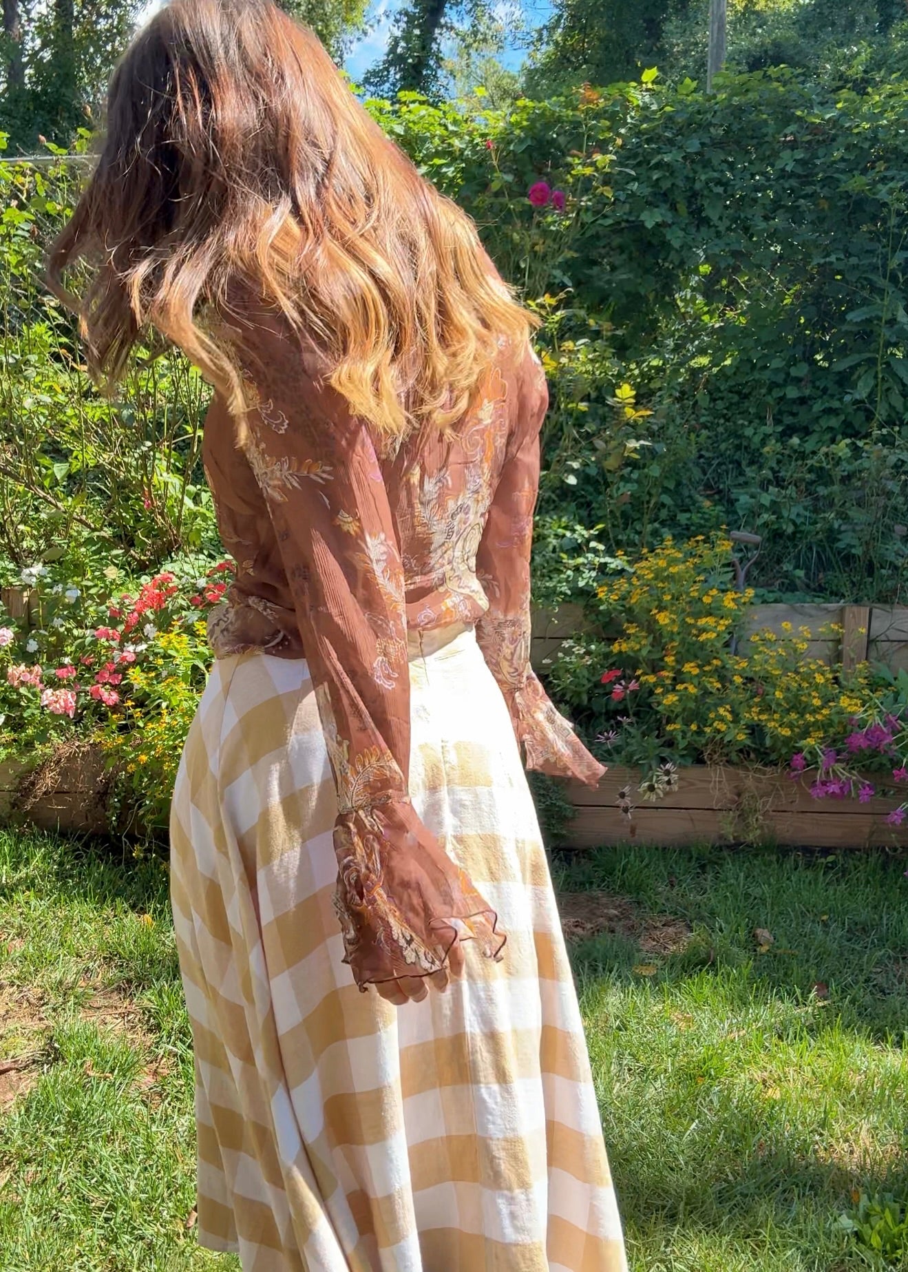 Beige Linen Gingham Midi Skirt – Linen Blend Check Skirt