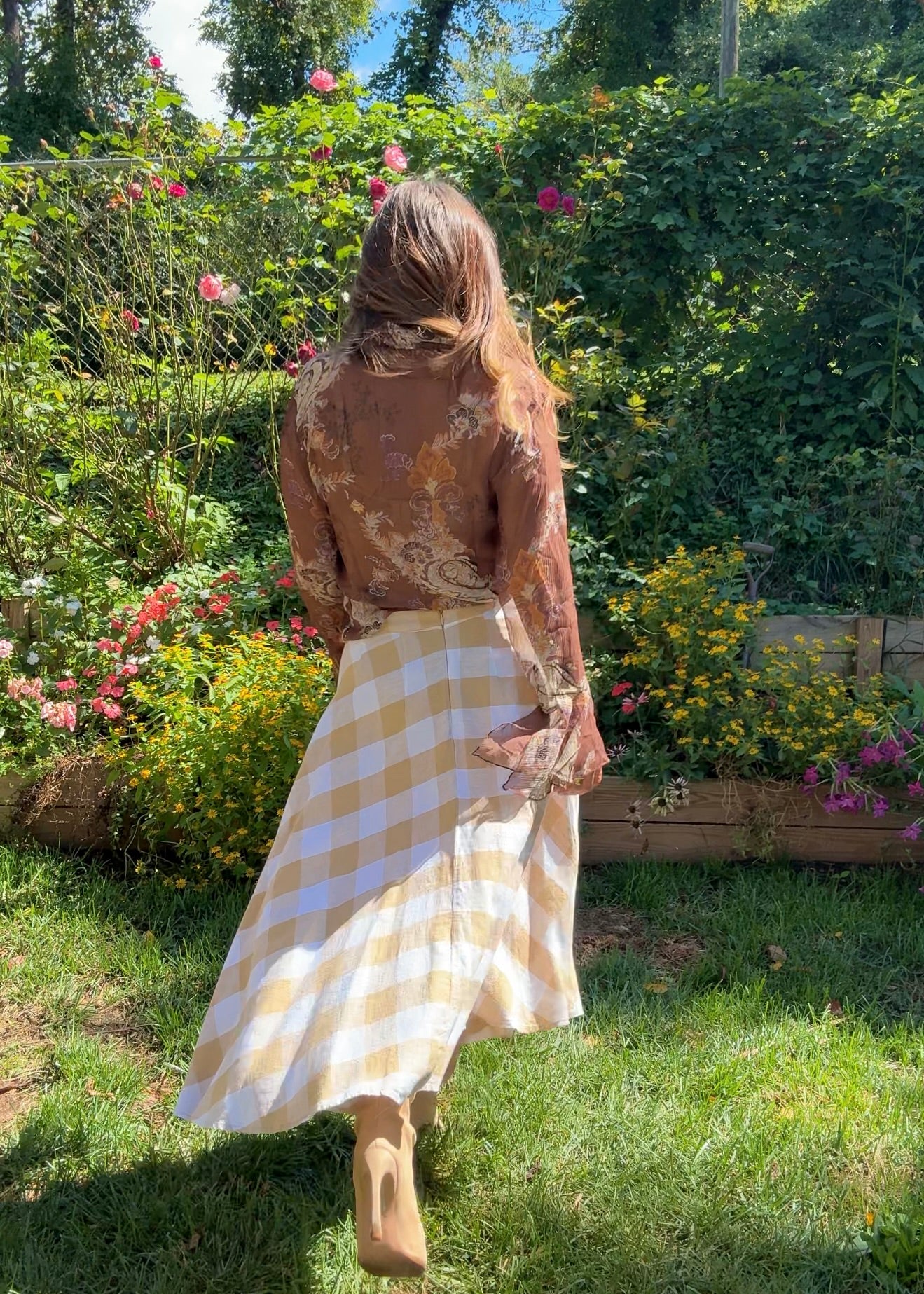 Beige Linen Gingham Midi Skirt – Linen Blend Check Skirt