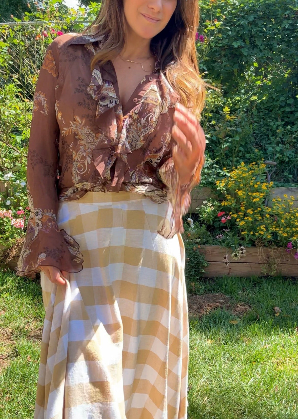 Sheer Silk Ruffle Blouse – 70s Revival Paisley Print