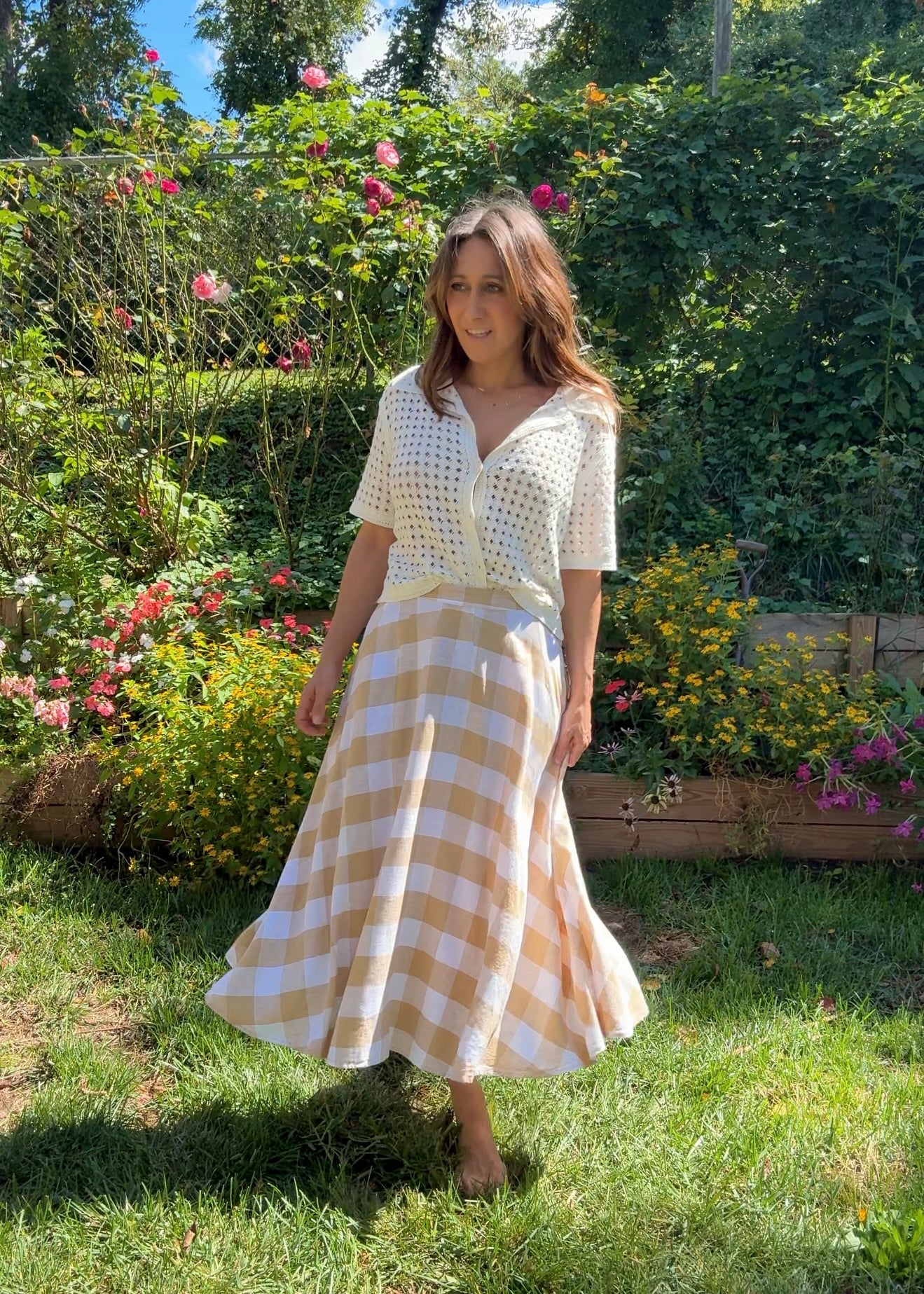 Beige Linen Gingham Midi Skirt – Linen Blend Check Skirt