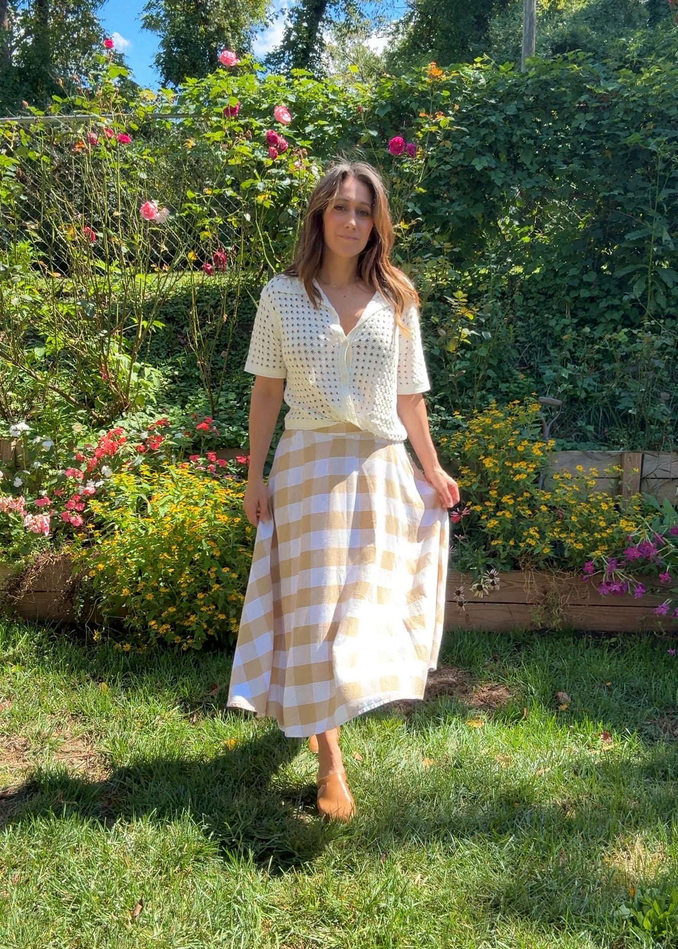 Beige Linen Gingham Midi Skirt – Linen Blend Check Skirt