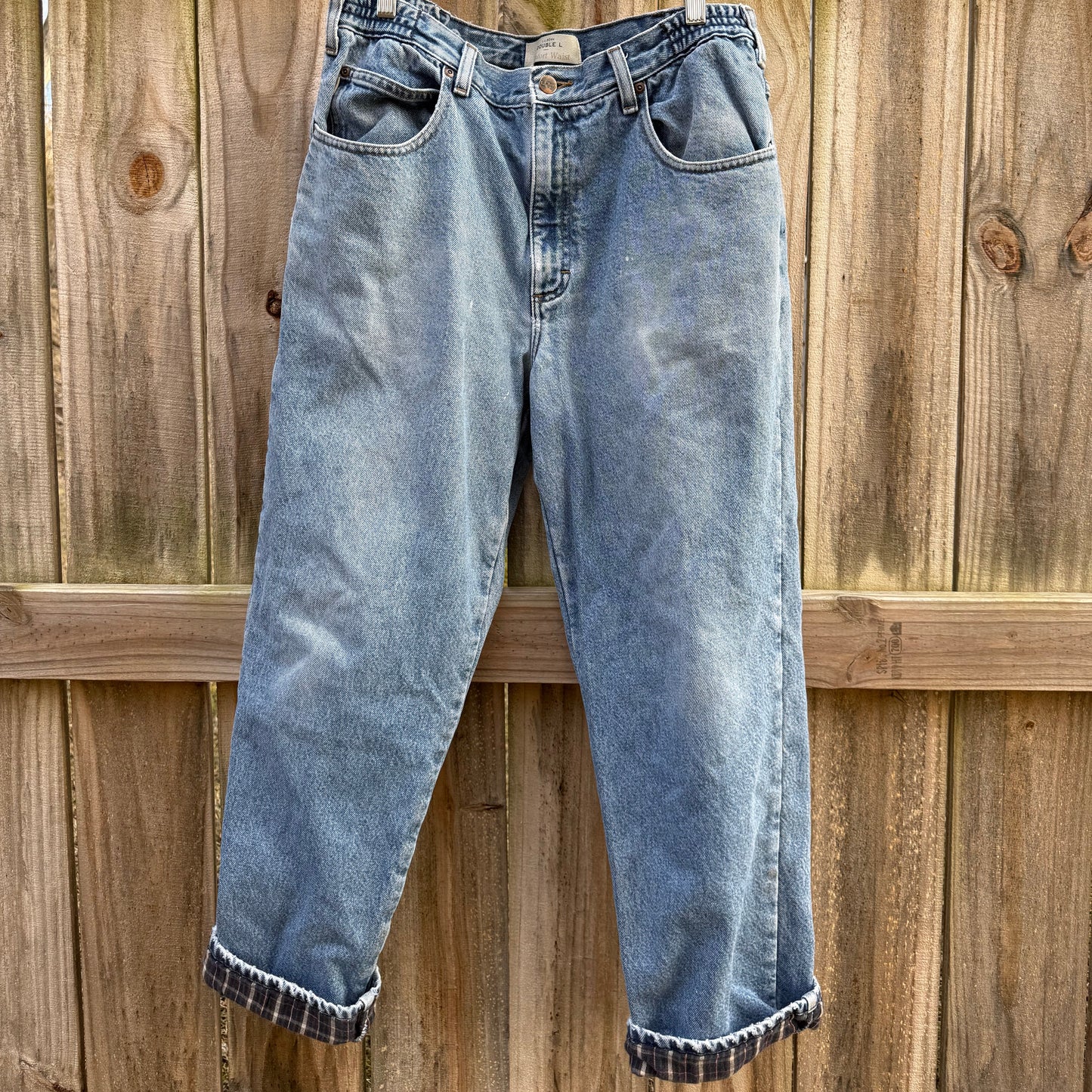 L.L.Bean Flannel Lined Jeans Comfort Waist Denim Pants Blue Plaid Lining