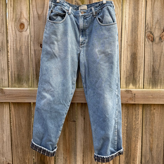L.L.Bean Flannel Lined Jeans Comfort Waist Denim Pants Blue Plaid Lining