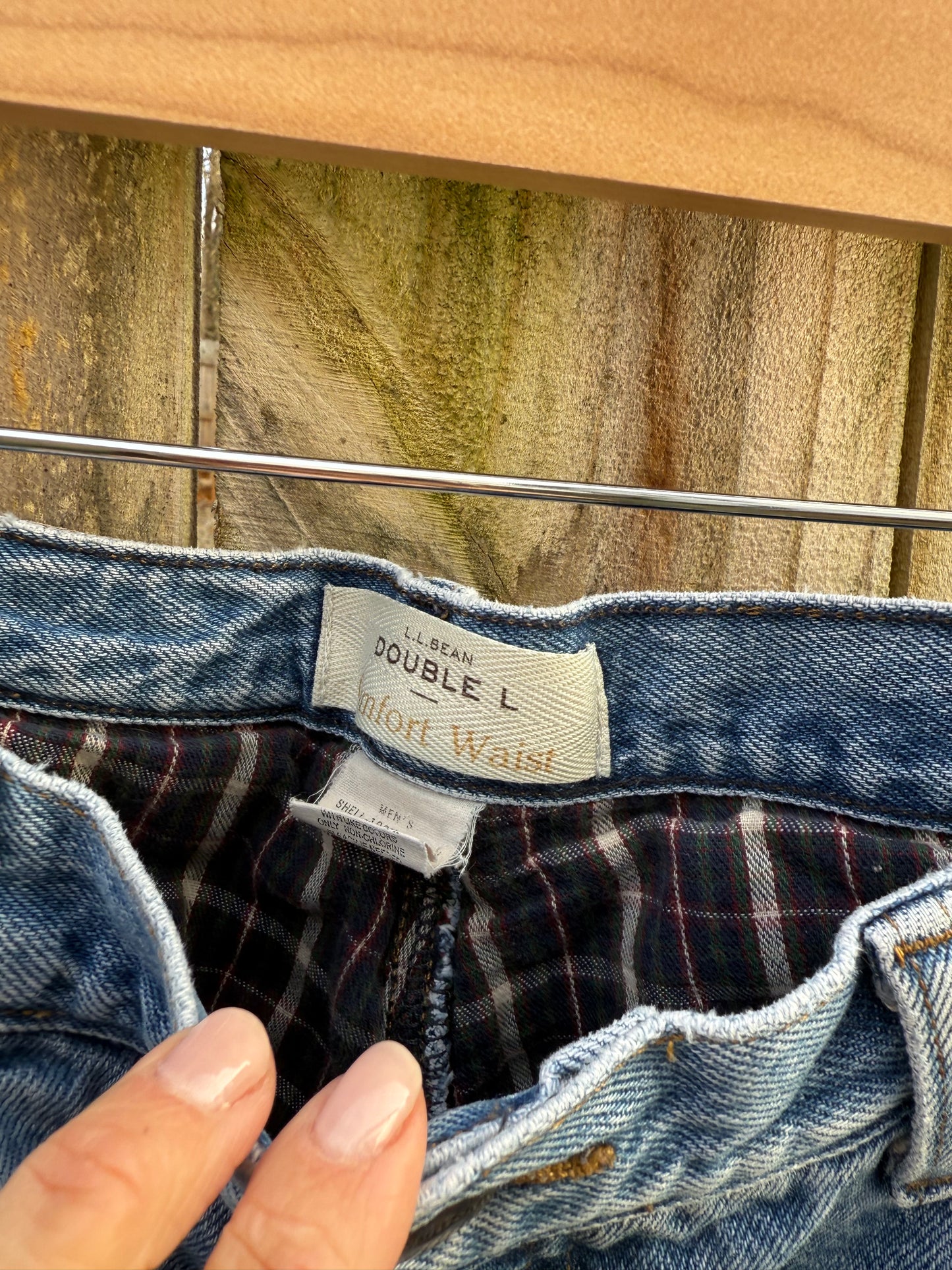 L.L.Bean Flannel Lined Jeans Comfort Waist Denim Pants Blue Plaid Lining