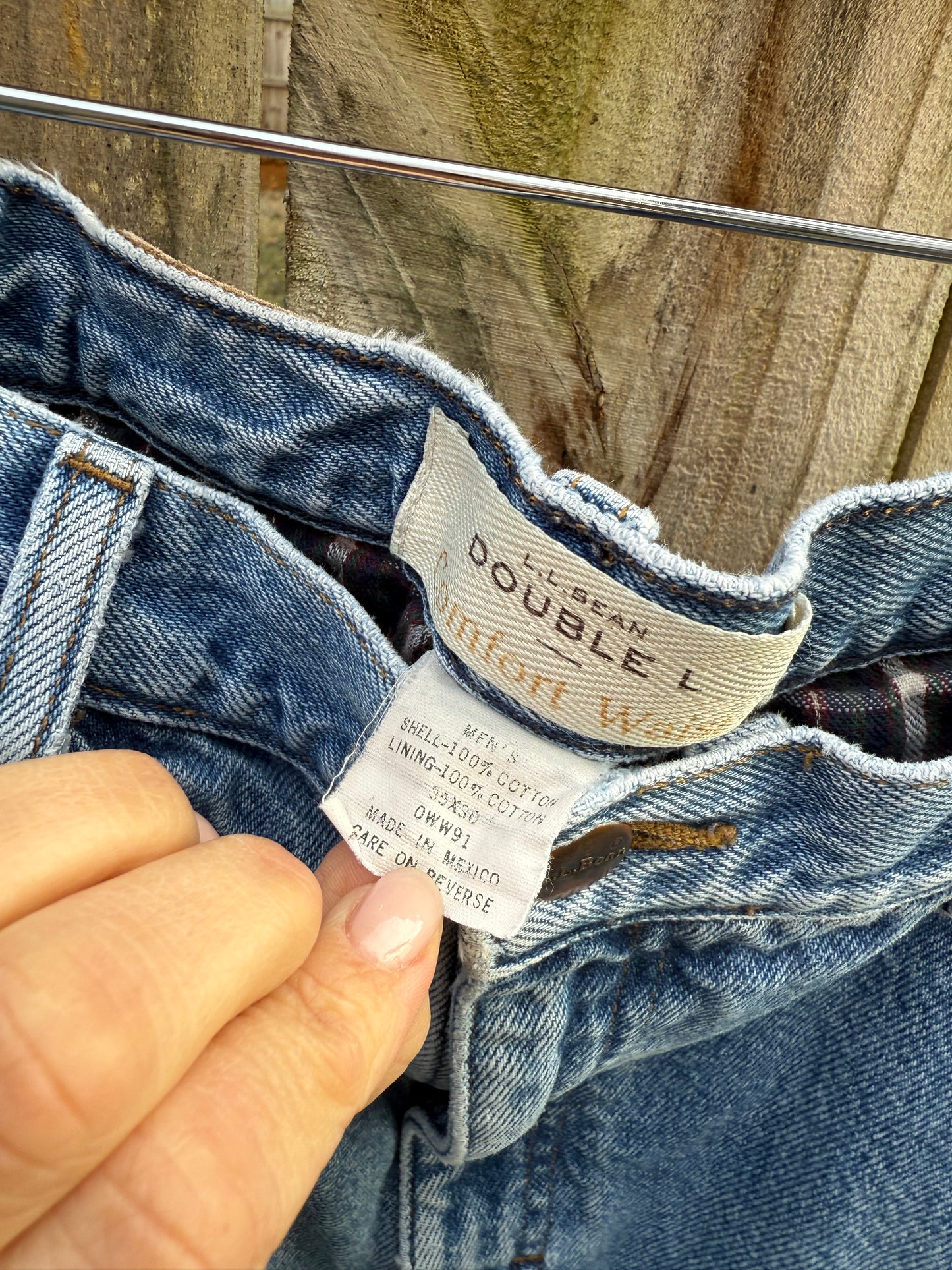 L.L.Bean Flannel Lined Jeans Comfort Waist Denim Pants Blue Plaid Lining