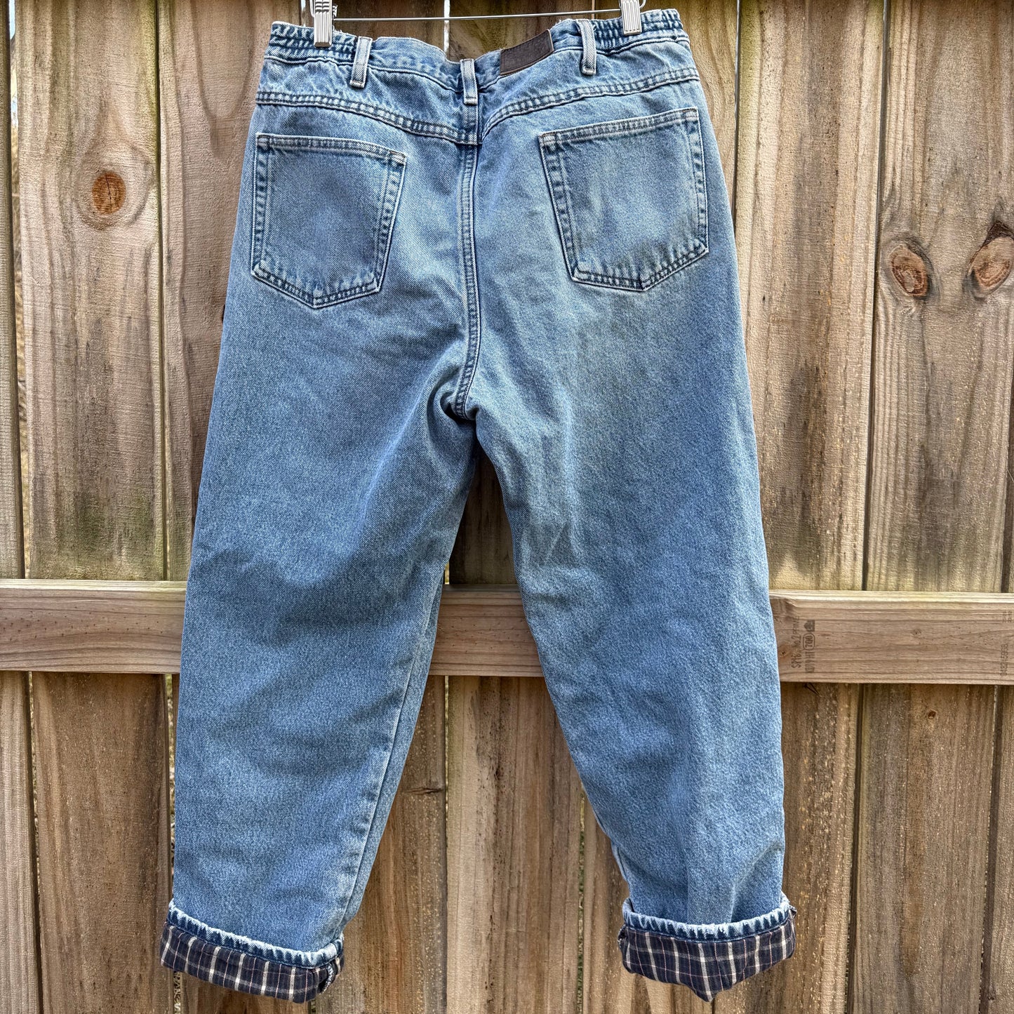 L.L.Bean Flannel Lined Jeans Comfort Waist Denim Pants Blue Plaid Lining