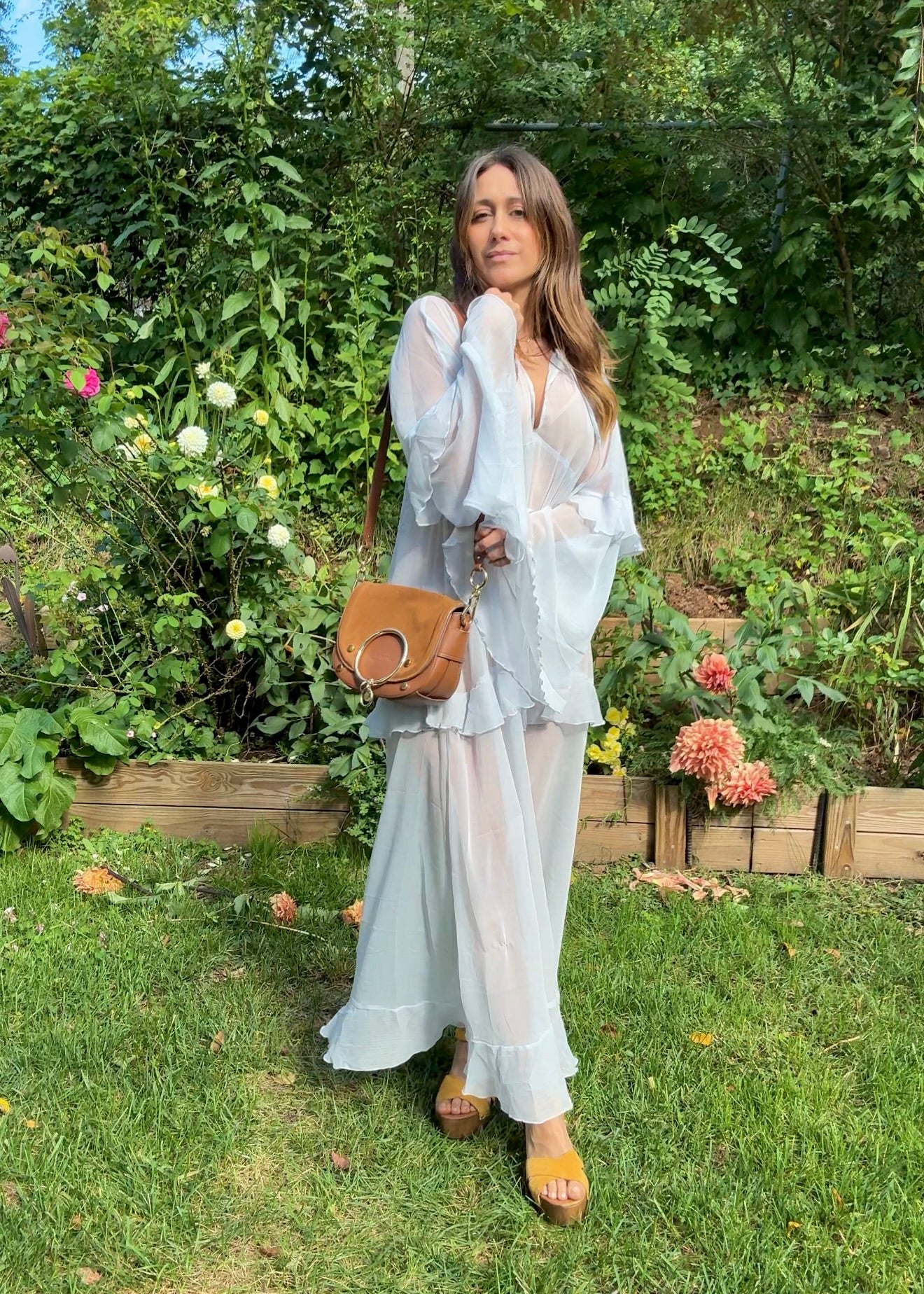 Powder Blue Romantic Boho Sheer Ruffle Maxi Dress